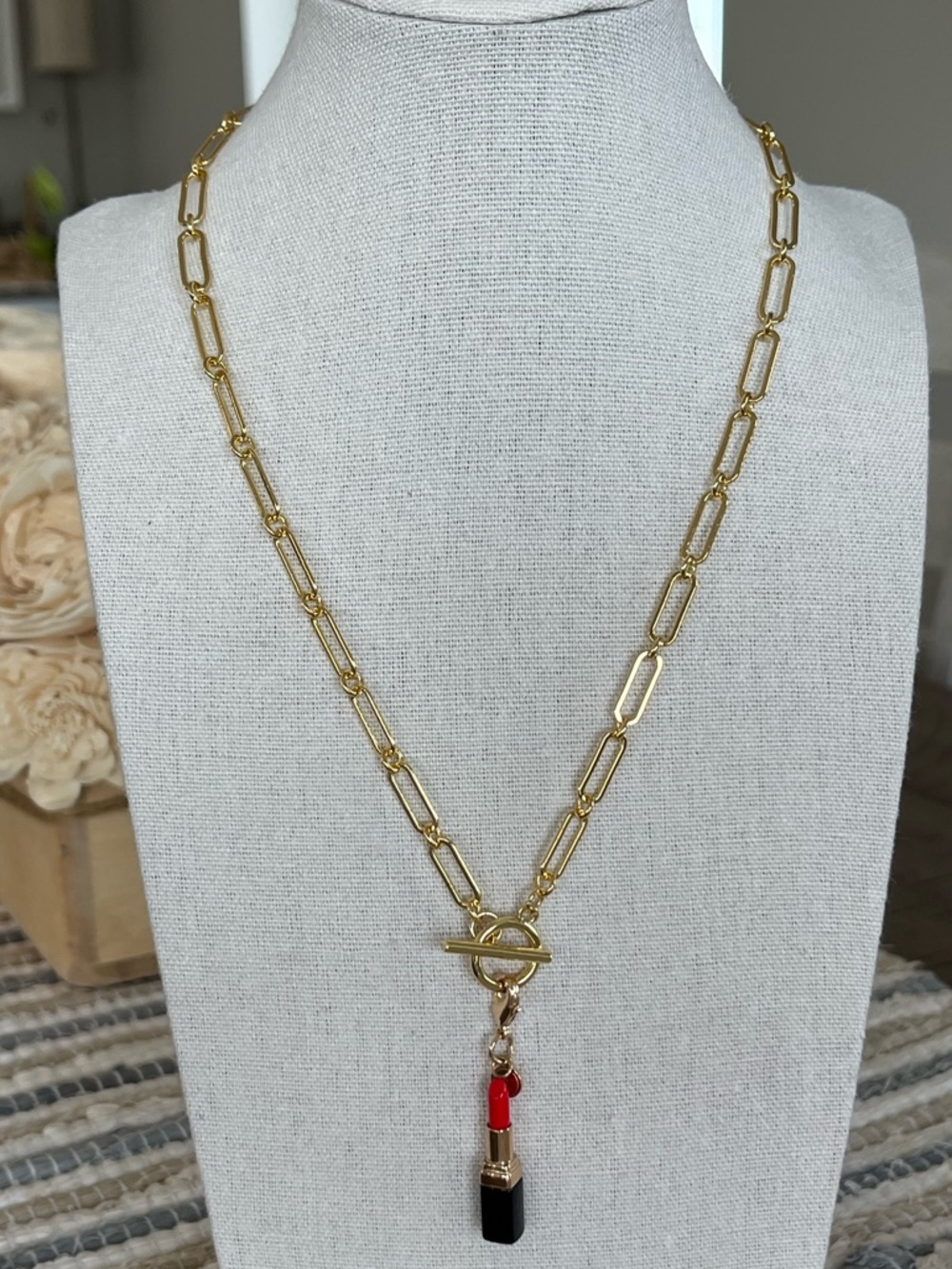 Upcycled Authentic Chanel Beaute Lipstick Charm on 14K GP Paperclip Necklace